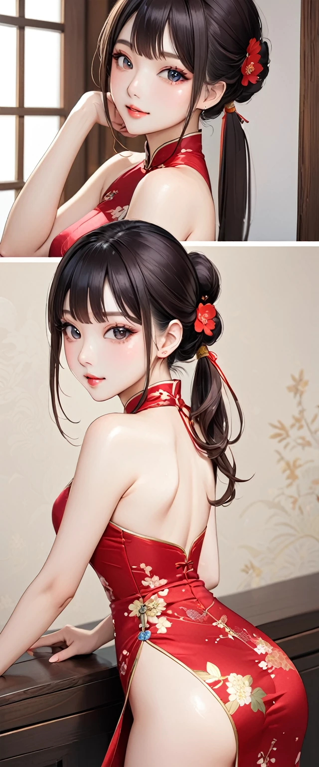 (masterpiece,highest quality,超A high resolution),japanese woman, (((Very beautiful 25 year old girl))), pretty girl、look at the photographer、 ((beautiful low ponytail)), super cute face, glossy lips, double eyelids in both eyes,natural smile、 natural makeup, long eyelashes, Shiny and smooth hair、center image, perfect limbs, perfect anatomy,(((shiny cheongsam dress)))、(((turn around and look back)),