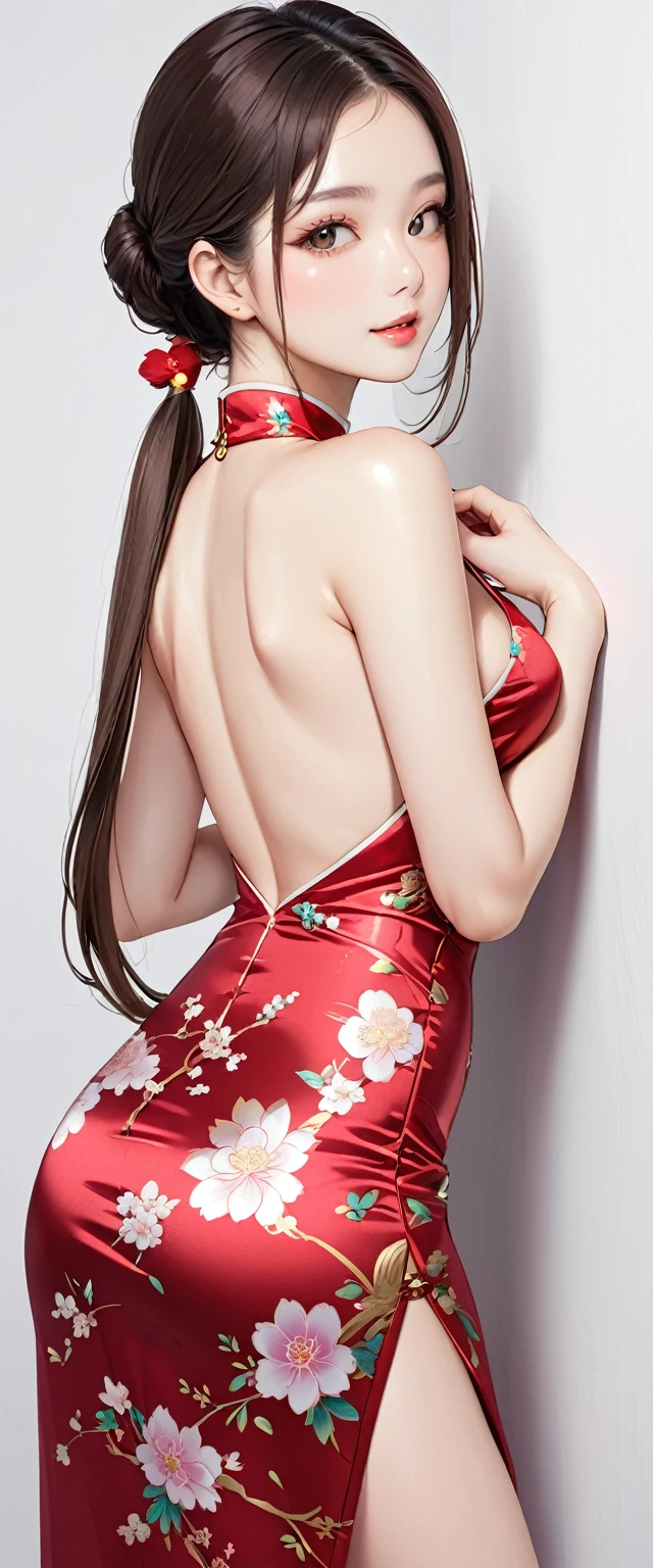 (masterpiece,highest quality,超A high resolution),japanese woman, (((Very beautiful 25 year old girl))), pretty girl、look at the photographer、 ((beautiful low ponytail)), super cute face, glossy lips, double eyelids in both eyes,natural smile、 natural makeup, long eyelashes, Shiny and smooth hair、center image, perfect limbs, perfect anatomy,(((shiny cheongsam dress)))、(((turn around and look back)),