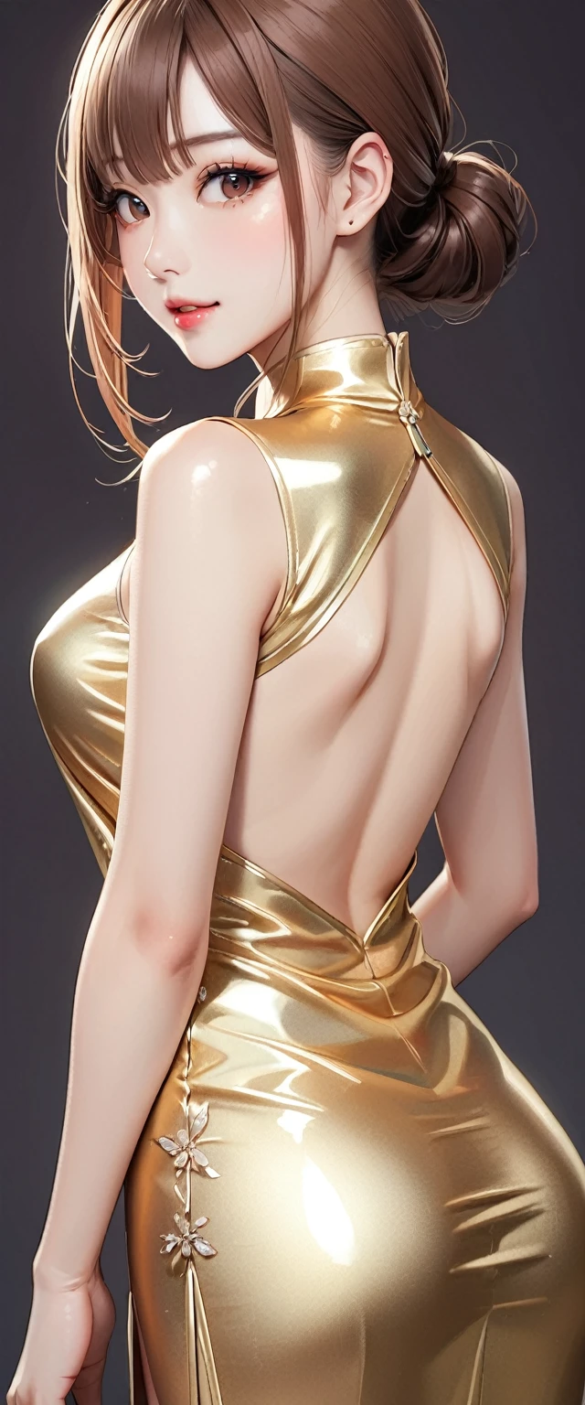 (masterpiece,highest quality,超A high resolution),japanese woman, (((Very beautiful 25 year old girl))), pretty girl、look at the photographer､  ((beautiful low ponytail)), super cute face, glossy lips, double eyelids in both eyes,natural smile、 natural makeup, long eyelashes, Shiny and smooth hair､center image,  perfect limbs, perfect ,(((shiny cheongsam dress)))、(((turn around and look back)),