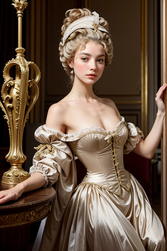 Create an image of a personification of France in the 1700s. This figure should embody the elegance and sophistication of the French aristocracy, dressed in lavish Rococo fashion with powdered wigs and intricate lace. Their demeanor should reflect both cultural refinement and political intrigue, evoking the spirit of the Age of Enlightenment. Incorporate symbols such as fleur-de-lis, royal insignia, and elements of French architecture to emphasize the historical and artistic richness of the period."