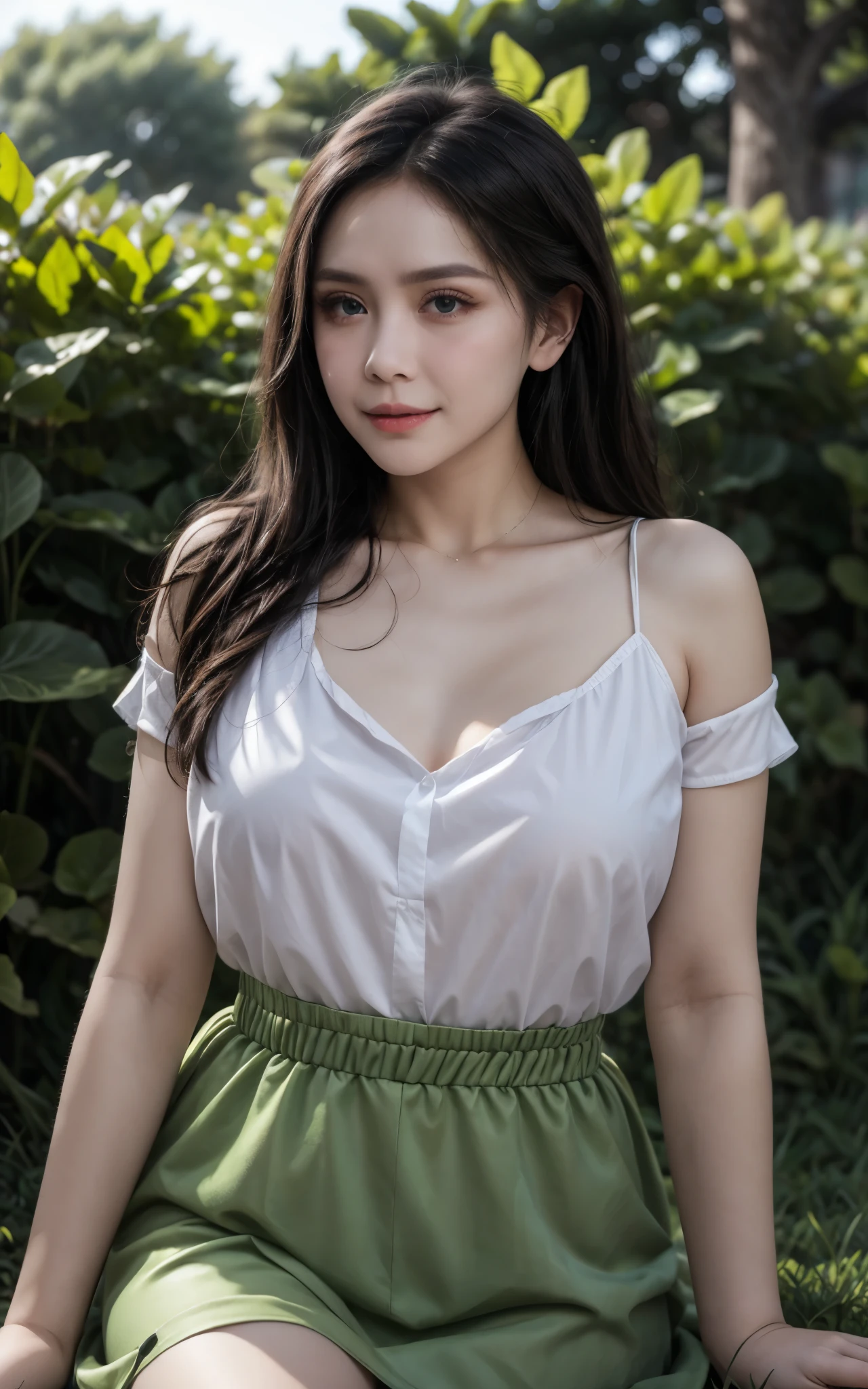 masterpiece, best quality，8K, ultra highres，Real light and shadow，Cinema lenses，(beautidful eyes:1.1)， ((The scene is，The upper part of the body))，dynamicposes，On a green meadow，A gentle goddess came with a gentle step。She wore a white dress，A gentle breeze blows，The skirt dances lightly。The sun shines through the leaves on her hair，Reflecting her clear eyes and gentle moan。toned，Flowers bloomed at her feet，It was as if nature was cheering for her。