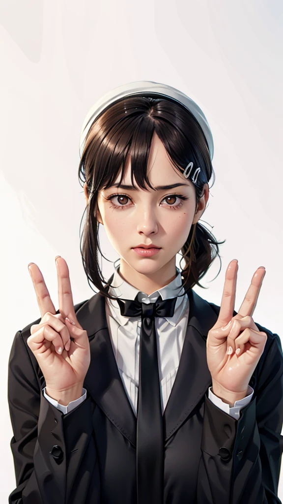 (((Perfect body,White and tender skin,(((Black strap dress, black long bow tie, white lining, black hat))),(((Kobeni Higashiyama, black hair, hair ornament, hairclip, ponytail, short hair, (brown eyes:1.5),))),((masterpiece)),highres,((Best quality at best)),masterpiece,quality,Best quality,((( Exquisite facial features,Looking at the audience,There is light in the eyes,(((frown,Wronged))),Scissorhands))),(((Light and shadow,Huge breasts,))),(((Looking at the camera,White background))))