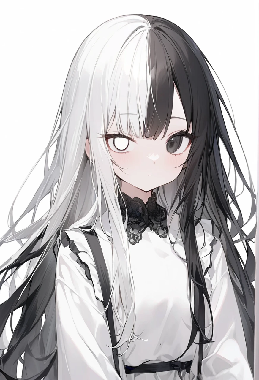 Black and White、Girl、Black and white hair、Black and white mixed、Black and white mixed髪の毛、Half Black、Half white、Long Hair、Odd Eye、Odd Eye 左目が白色 右目が黒色、Left eye is white、Left eye is white、Right eye is black、Right eye is black、全体的に黒と白が混ざったGirl、Black and WhiteのGirl、White background、白と黒のGirl、White Room、黒色と白色のGirl、emotionless、Calm、Lots of black、A lot of black、Lots of black髪の毛、一人のGirl、1 Girl、1 Girl、Mostly black、No highlights in the eyes