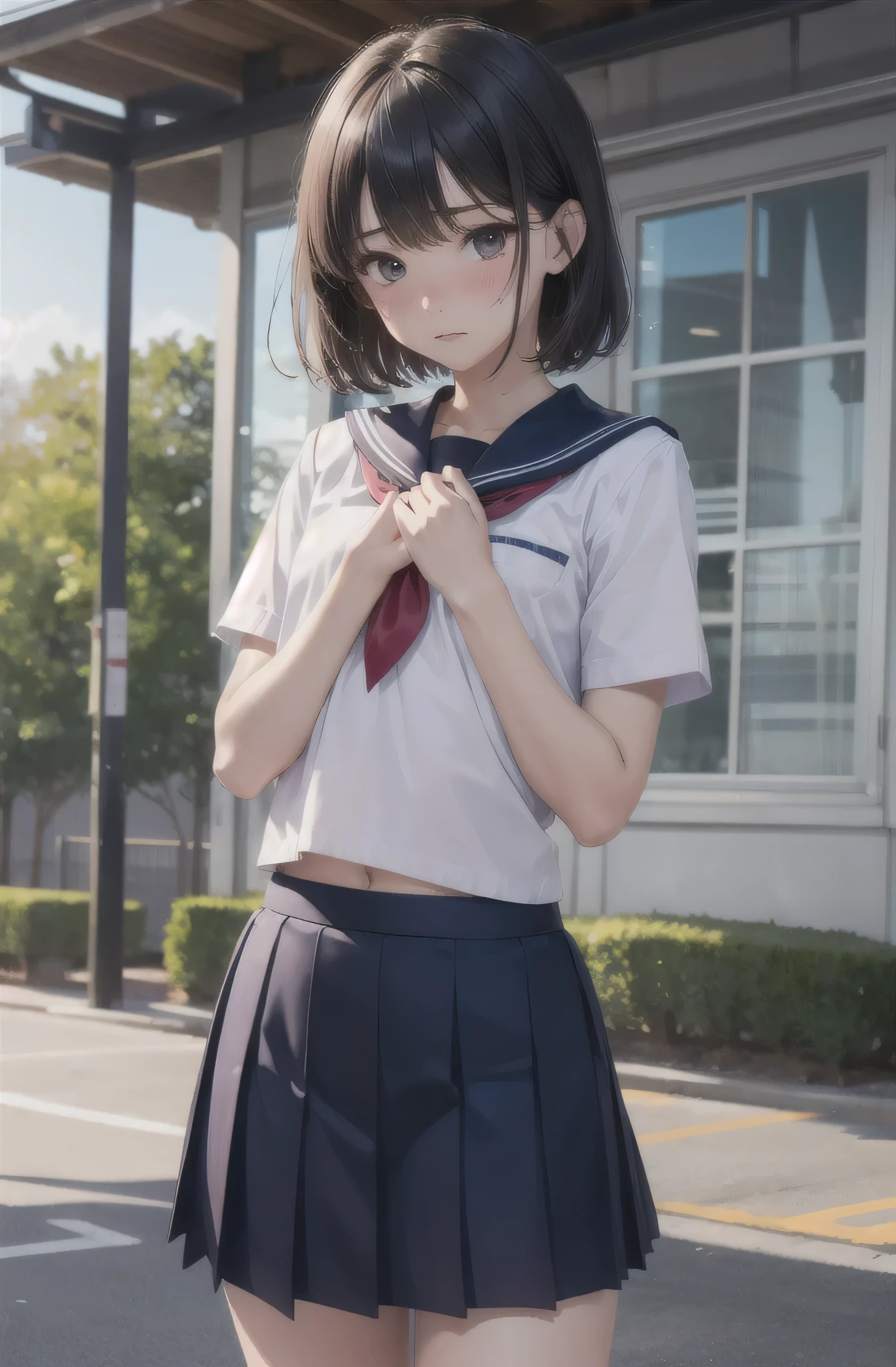 Highest quality , High resolution , Detailed CG , short hair , Sailor suit , Navy Blue Skirt , Modest chest , Black Hair , Two limbs , Optimal ratio , Embarrassed expression , Burning cheeks , School , Schoolyard , touching one&#39;s own breasts with one&#39;s own hands , Facial expression when orgasm is reached , rain , Panty shot