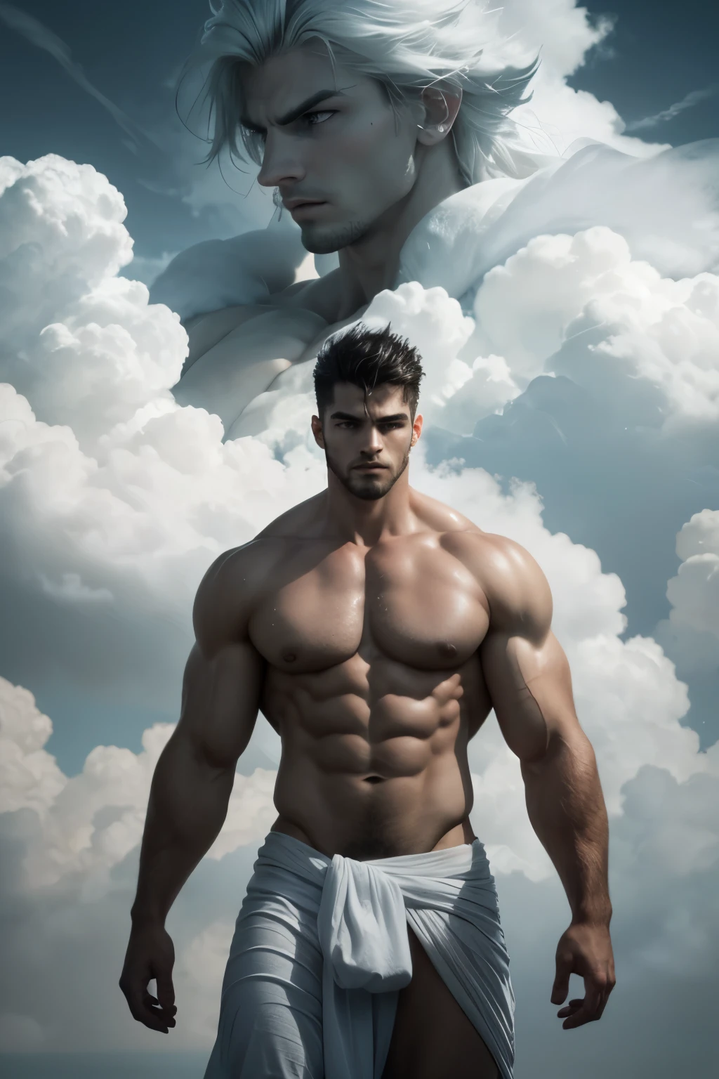 Amidst a surreal cloudscape, a muscular, shirtless man stands with an intense gaze, his chiseled physique partially enveloped by ethereal, billowing white clouds. The contrast between his strong, defined features and the soft, dreamlike mist creates a striking visual, evoking a sense of otherworldly strength and serenity