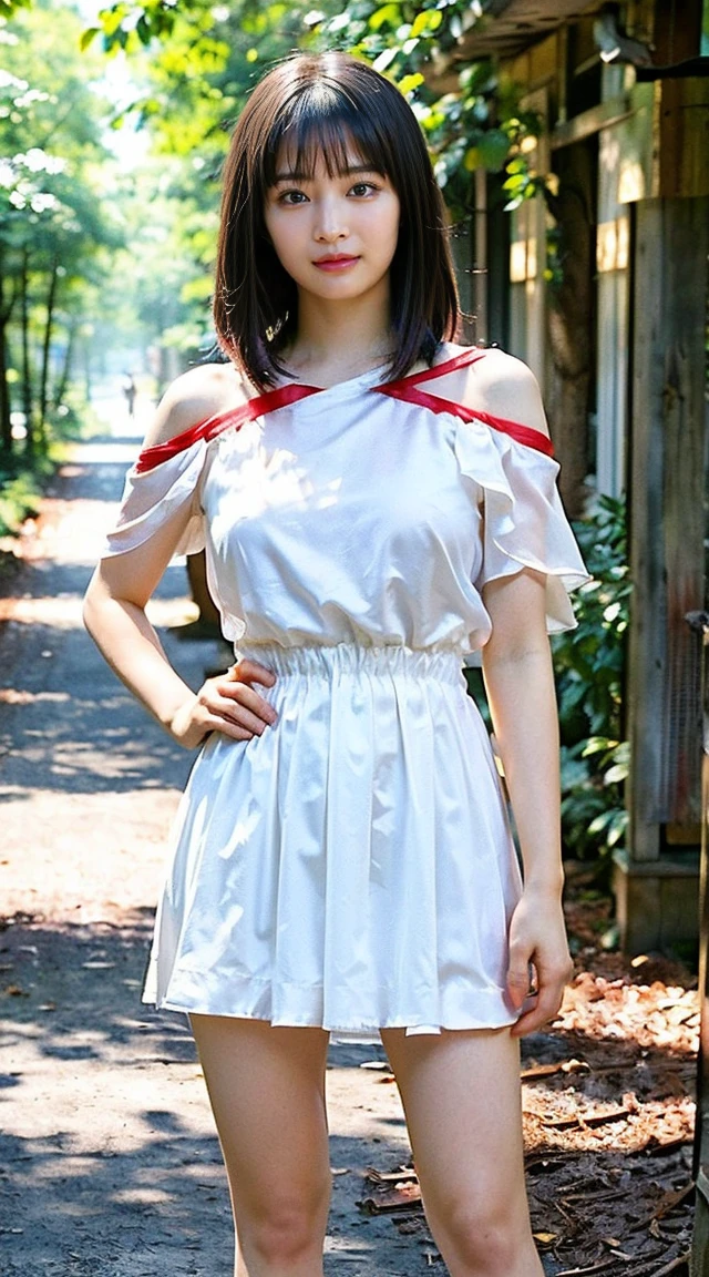 (8K、RAW Photos、Highest quality、masterpiece:1.2)、(Realistic、Photorealistic)、1 Girl、((Off the shoulder、Black Mini Dress、See-through、silk、Big Breasts、Stand with hands on hips、Morning sunlight、in the forest、Sandalium Hair))、smile、Lots of eyelashes、Add shine to your eyelids、skeletally correct