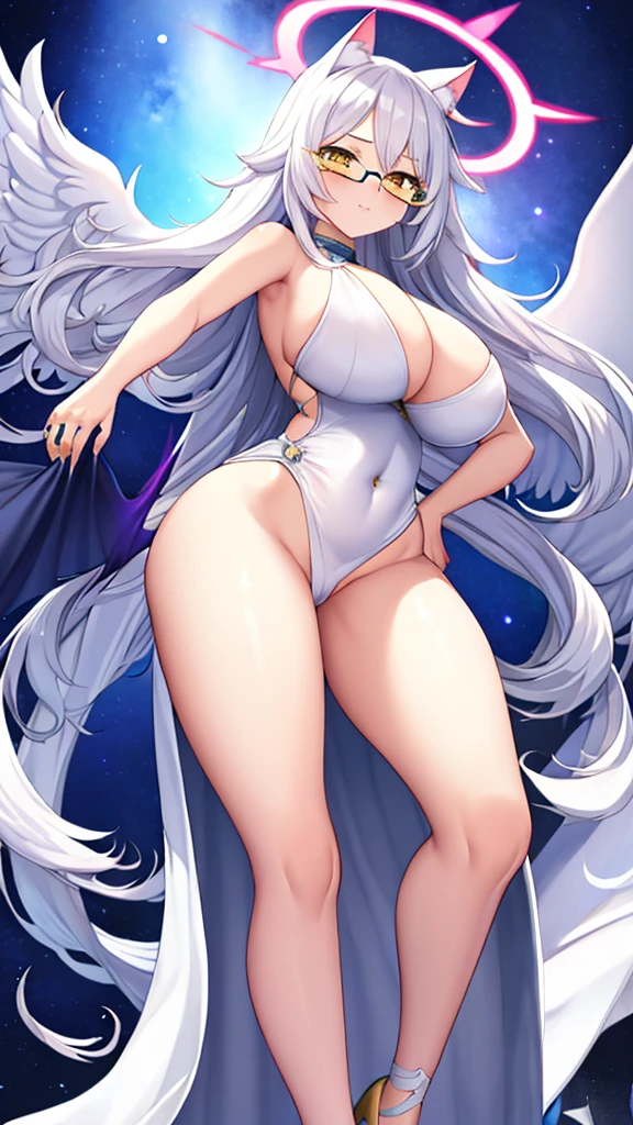 A 20-year-old female angel with long, white hair, yellow eyes, white cat ears, and large white angel wings. yellow halo ring round white glasses White evening dress, full leg length, open at the , showing  . Stand and look down.