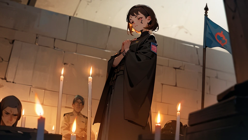 girl who prays. short brown hair. in the bunker. eyes closed. face tattoo. full length. candles and flag in the background. Men worship around her
