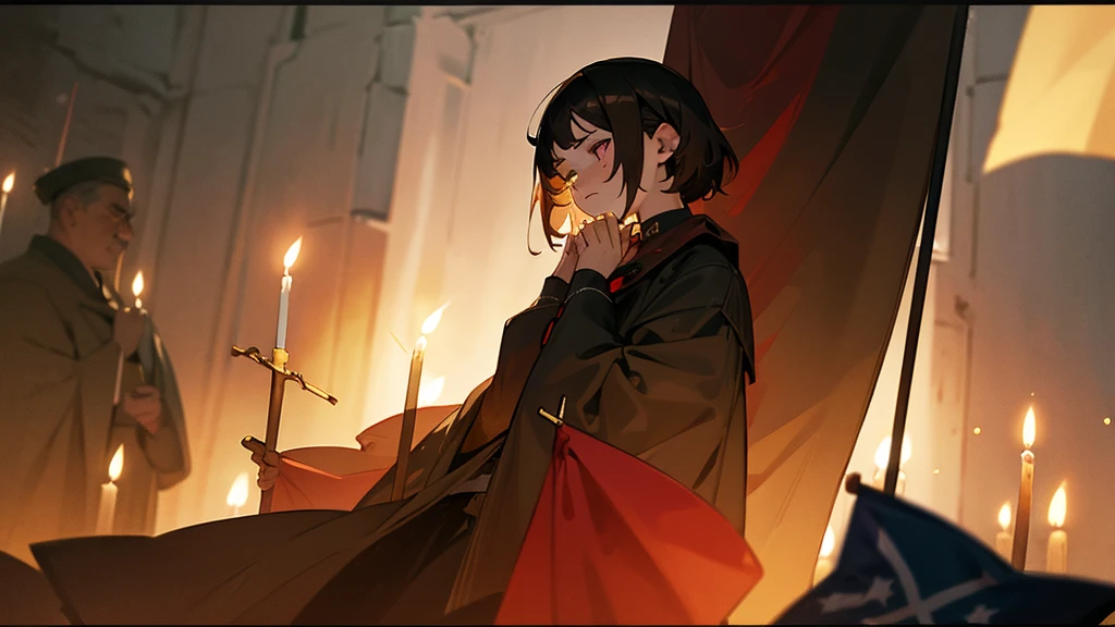 girl who prays. short brown hair. in the bunker. eyes closed. face tattoo. full length. candles and flag in the background. Men worship around her