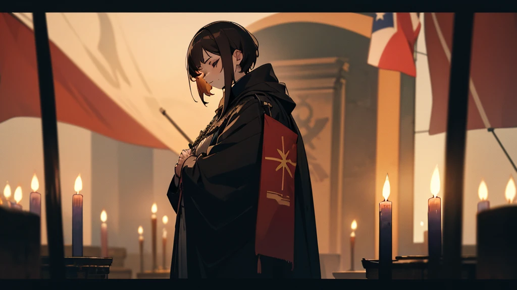 girl who prays. short brown hair. in the bunker. eyes closed. face tattoo. full length. candles and flag in the background. Men worship around her
