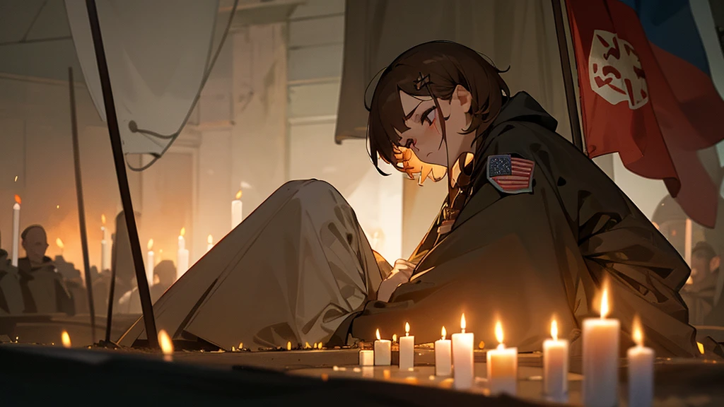 girl who prays. short brown hair. in the bunker. eyes closed. face tattoo. full length. candles and flag in the background. Men worship around her