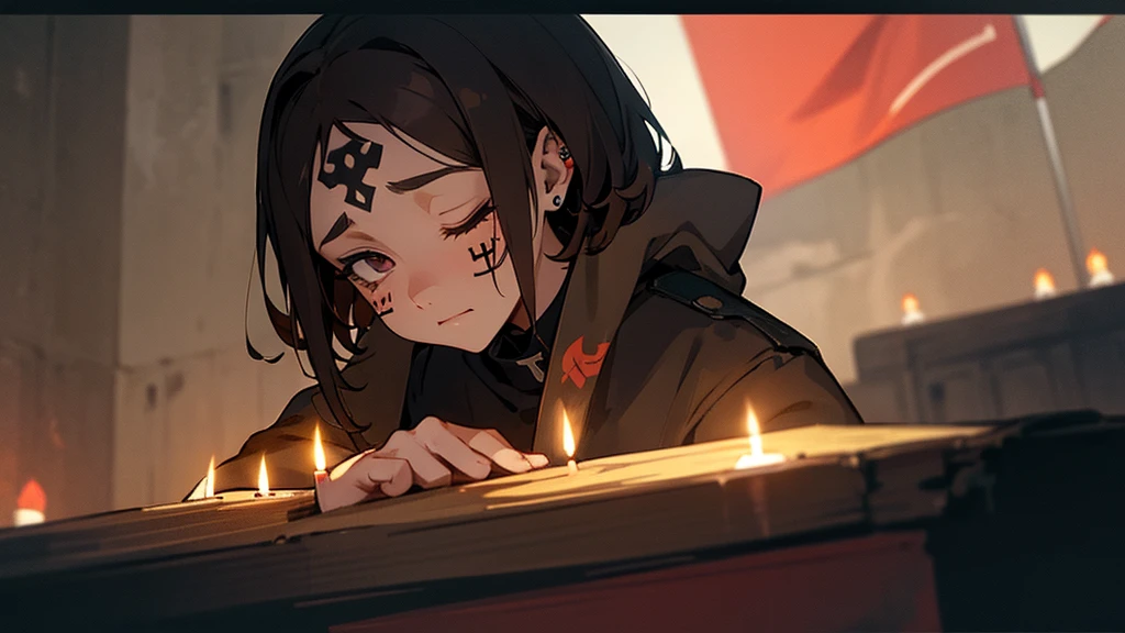 girl who prays. short brown hair. in the bunker. eyes closed. face tattoo. full length. candles and flag in the background.