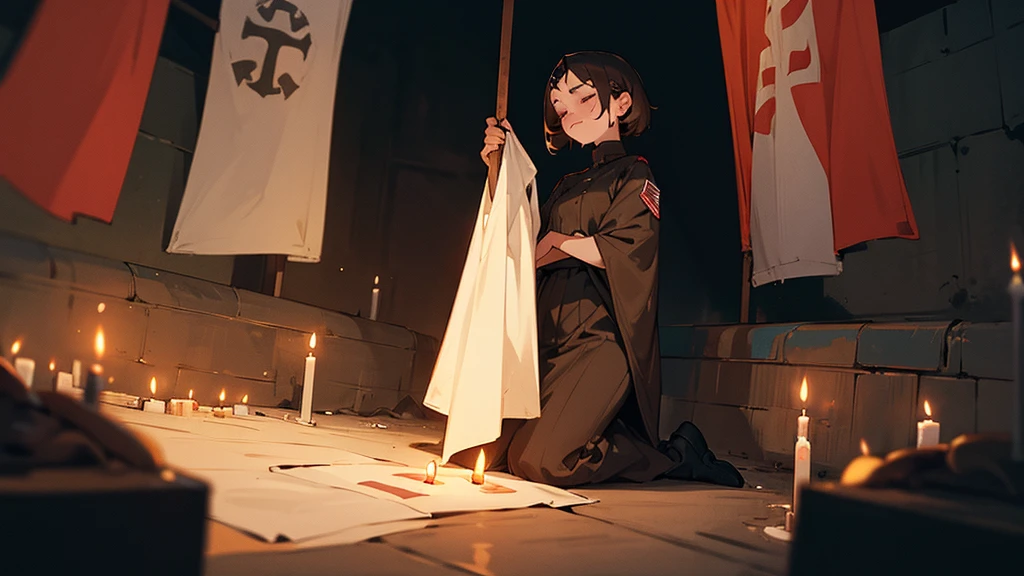 girl who prays. short brown hair. in the bunker. eyes closed. face tattoo. full length. candles and flag in the background.