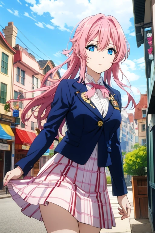 long pink hair, very pretty blue eyes, blue and red striped skirt, white blouse, blue blazer.