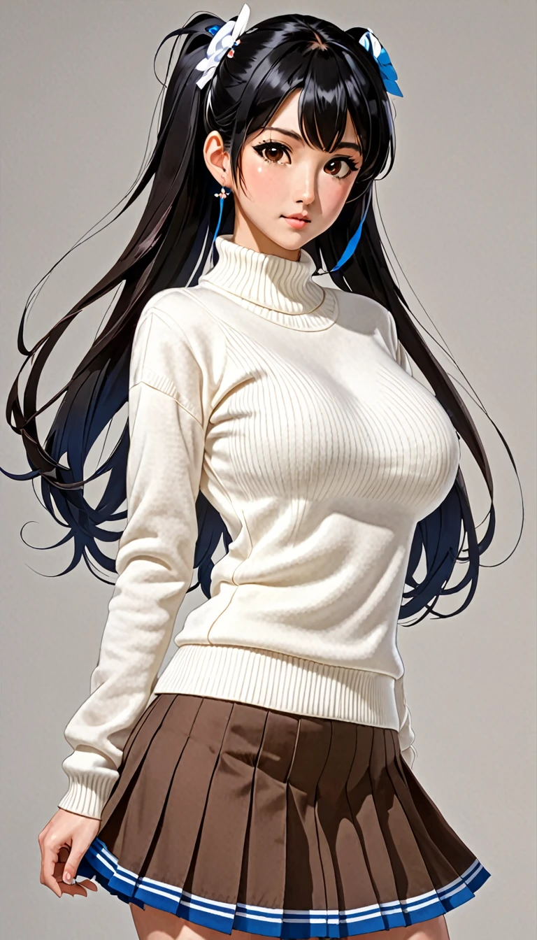 (((Perfect body,White and tender skin,(((White sweater, black short jacket, blue high waisted skirt,))),(((Kobeni Higashiyama, black hair, hair ornament, hairclip, ponytail, short hair, (brown eyes:1.5),))),((masterpiece)),highres,((Best quality at best)),masterpiece,quality,Best quality,((( Exquisite facial features,Looking at the audience,There is light in the eyes,(((frown,Wronged))),Look up))),(((Light and shadow,Huge breasts,))),(((Looking at the camera,White background))))