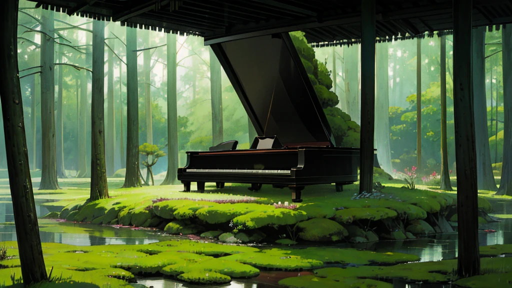 A large black grand piano stands in a mossy Japanese garden