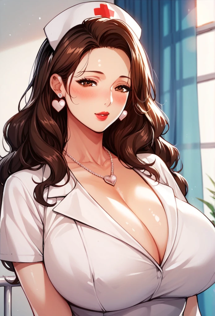 Hot sexy beautiful nurse milf mom ,heart earrings,brown hair,blush,brown  eyes, necklace ,wavy blunt hair, lipstick,huge
 breasts ,nurse uniform 