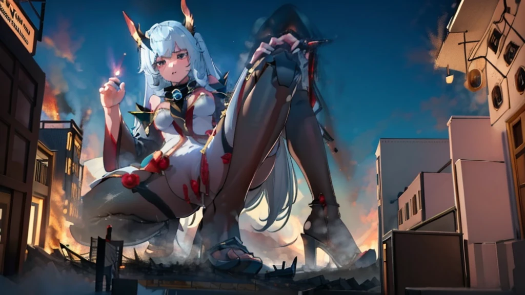 A colossal giantess succubus, with white hair, horns and red eyes, with long and sexy legs walks around destroying all the small town around him, crushing the little people, the cars and the floor with her massive heels. The photo is taken from below her legs and feets as she looks down at you with contempt and disgust, highlighting her outfit which is very sexy and tight, marking her nipples through her clothes. very tall succubus, ultra giant, tiny city, destroyed floor, heels, sexy, transparent pantyhose, evil, mad, better quality, very closer photo from below, crushing, slim.