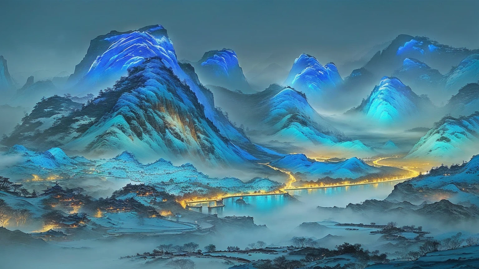 A mountain landscape painting with a river and a bridge, Chinese scenery, Inspired by Li Keran, Fantasy art landscape, Blue Fire River, Chinese Fantasy, Fantasy landscape painting, Impressive fantasy landscape, Wallpaper HD beautiful, beatiful mountain background, Floating mountains, Chinese Arts, Glowing blue, Chinese painting style, Stunning screensaver, Cyan fog, by Li Di