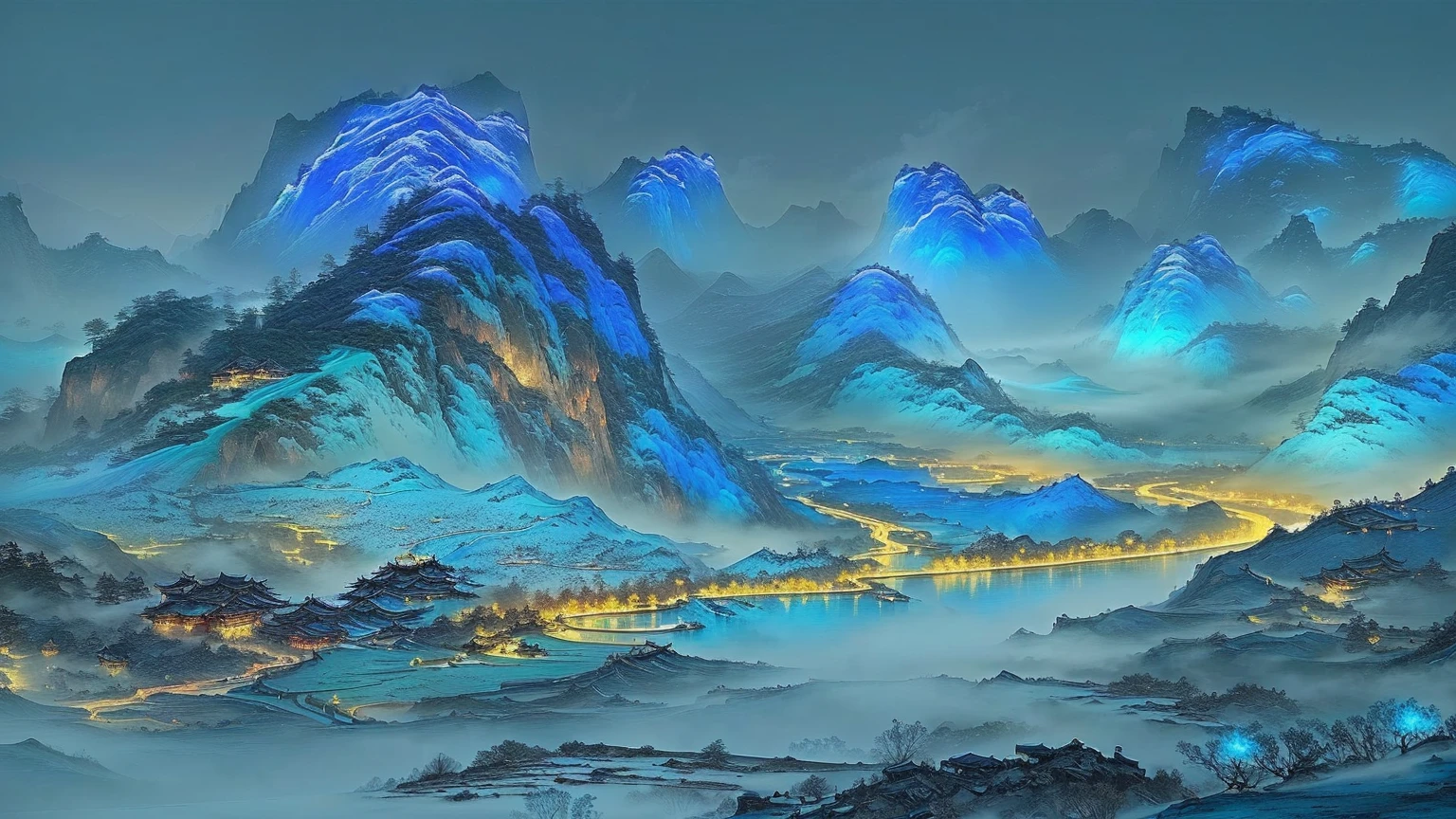 A mountain landscape painting with a river and a bridge, Chinese scenery, Inspired by Li Keran, Fantasy art landscape, Blue Fire River, Chinese Fantasy, Fantasy landscape painting, Impressive fantasy landscape, Wallpaper HD beautiful, beatiful mountain background, Floating mountains, Chinese Arts, Glowing blue, Chinese painting style, Stunning screensaver, Cyan fog, by Li Di