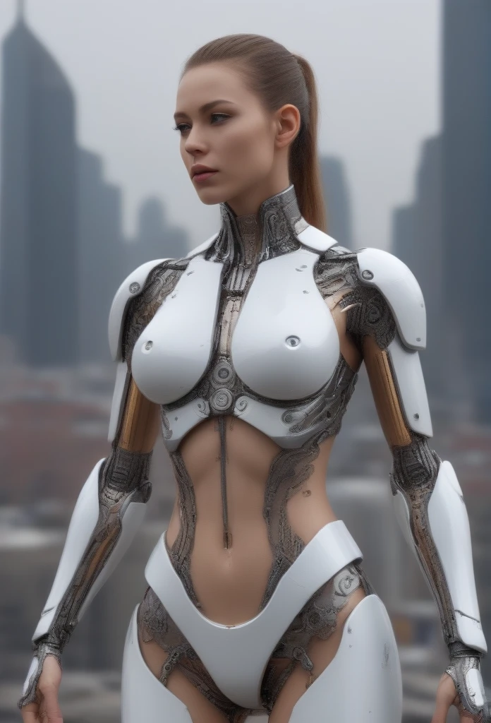 1 beautiful female cyborg, futuristic cityscape, intricate mechanical components, slender graceful humanoid form, exquisite anatomy and physique, half body shot, (best quality,4k,8k,highres,masterpiece:1.2),ultra-detailed,(realistic,photorealistic,photo-realistic:1.37),HDR,intricate details:1.12,intricate details,hyper-detailing:1.15,natural skin textures,hyper realistic,soft lighting,sharp:1.2