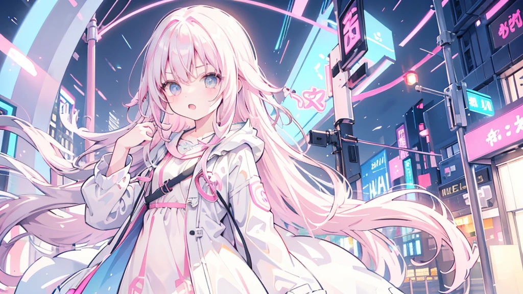 Pinkish white hair, wavy hair, girl, neon street, raincoat, front, mouth wide open, angry