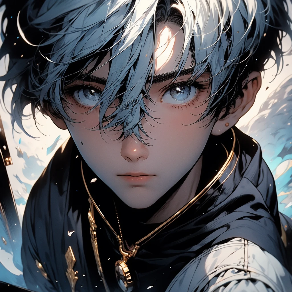1boy、Golden Ratio、Highest quality、Masterpiece、Official Art、Dynamic composition、Handsome young boy、A mixture of light blue and white hair、I'm very surprised、Face close-up、