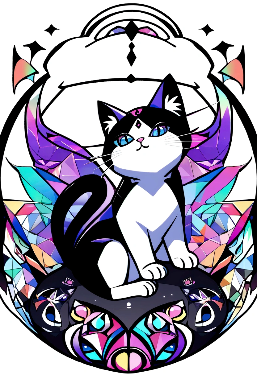 colorful logo, Minimalist Cute Kitten Head Vector Logo Illustration Logo, front, Magik, Rede de design, Mou, Monochrome color, Colorful Splash with Black Magic Paint, t-shirt design, Studio Ghibli style.O design deve ser arte vetorial . Usando o Adobe Illustrator, Create a cleanup, Logotipo simples, but captivating. Keep the design focused on the cat's eye, Capture your uniqueness and charm. The logo should evoke a sense of sophistication and tranquility. The emphasis on low-poly style adds a touch of luxury. The overall aesthetic should be elegant and elegant, Relevant to your brand and logo goals, white  backgrounds, ((Symmeter))　It's a kitten