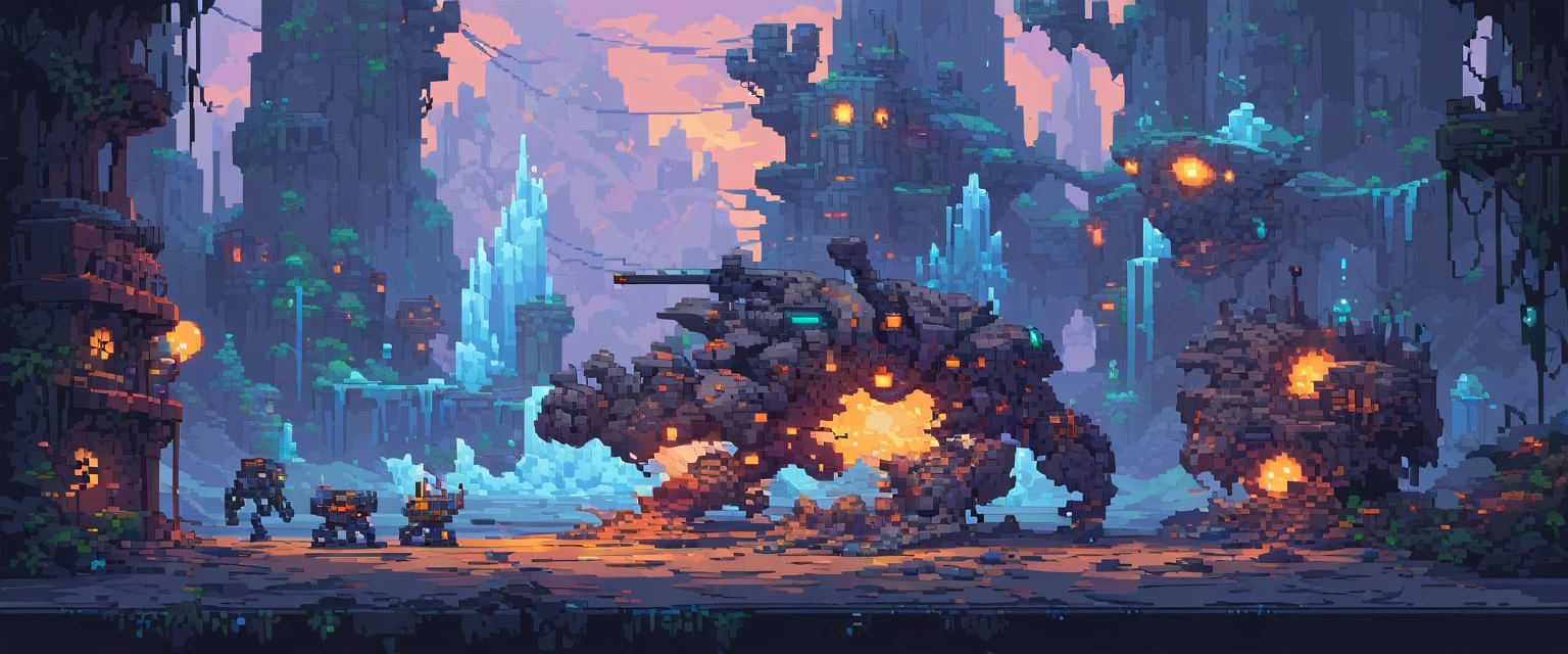 wallpaper, ultra quality, machines, robots and steel, arte de pixel, sidescroller, pixel art, futuristic, cyberpunk frozen setting