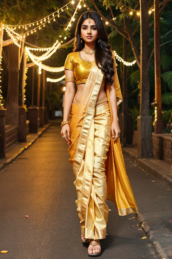 India young beautiful woman long hair sarees background diwali is walking on the road