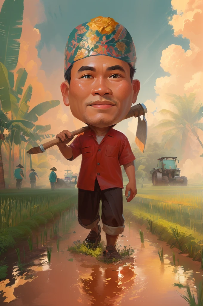cartoon man walking through a muddy field with a hoe, The head wears a typical Javanese headgear blangkon, caricature illustration, farmer, Indonesian farmer, caricature style, cartoon portrait, cartoon digital painting, caricature, official illustration, cartoon digital art, in cartoon style, inspired by Rudy Siswanto, inspired by I Ketut Soki, potrait, digital cartoon painting art, digital art cartoon, cartoon artstyle