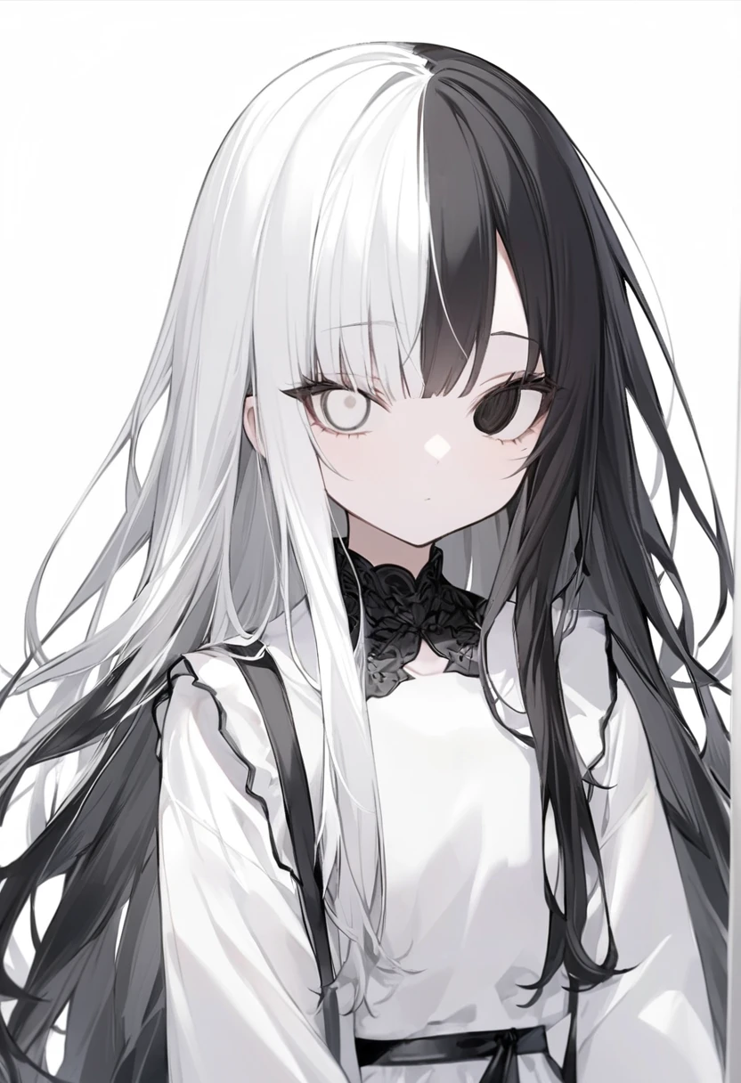 Black and White、Girl、Black and white hair、Black and white mixed、Black and white mixed髪の毛、Half Black、Half white、Long Hair、Odd Eye、Odd Eye Left eye is white 右目が黒色、Left eye is white、Left eye is white、Right eye is black、Right eye is black、全体的に黒と白が混ざったGirl、Black and WhiteのGirl、White background、白と黒のGirl、White Room、黒色と白色のGirl、emotionless、Calm、Lots of black、A lot of black、Lots of black髪の毛、一人のGirl、1 Girl、1 Girl、Mostly black、No highlights in the eyes、Left eye is white、White left eye、Lots of black hair、There are many black areas