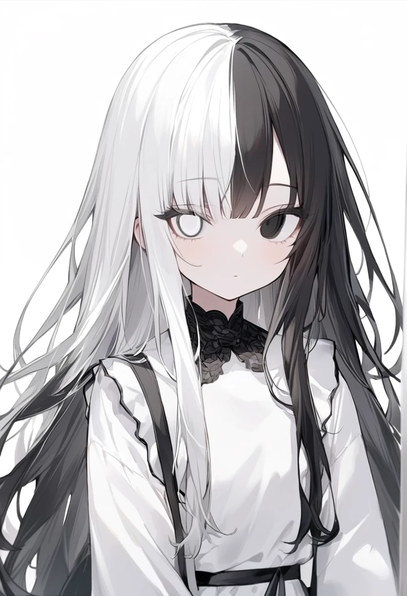 Black and White、Girl、Black and white hair、Black and white mixed、Black and white mixed髪の毛、Half Black、Half white、Long Hair、Odd Eye、Odd Eye Left eye is white 右目が黒色、Left eye is white、Left eye is white、Right eye is black、Right eye is black、全体的に黒と白が混ざったGirl、Black and WhiteのGirl、White background、白と黒のGirl、White Room、黒色と白色のGirl、emotionless、Calm、Lots of black、A lot of black、Lots of black髪の毛、一人のGirl、1 Girl、1 Girl、Mostly black、No highlights in the eyes、Left eye is white、White left eye、Lots of black hair、There are many black areas