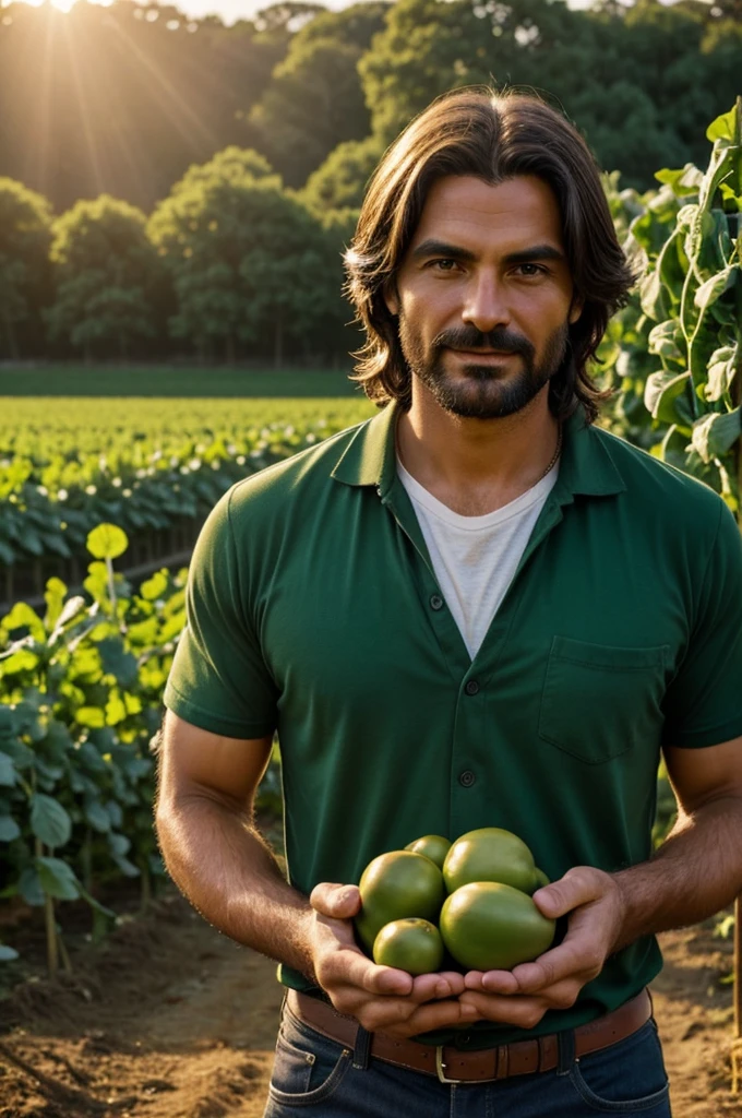 A stunning, realistic photograph of a farmer holding an extraordinary eggplant. The eggplant has been  crossed shape and also miraculously shaped into the face of Jesus Christ, with intricate details that make it appear almost lifelike. The farmer proudly holds the vegetable in front of his chest. The background is a lush, green field of various vegetables, and sunlight filters through, casting a warm glow over the scene. The high-quality image was captured using an SLR camera, showcasing the photo