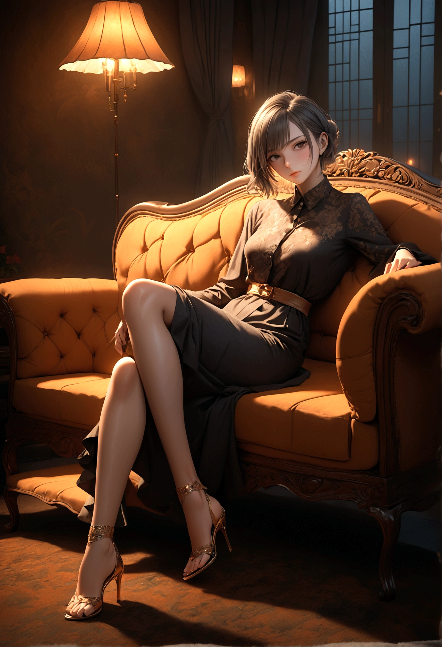 a drunk beautiful woman relaxing carelessly on a sofa, full body shot, highly detailed facial expression, intricate details, photorealistic, 8k, masterpiece, glowing skin, elegant fashion, dramatic lighting, cinematic composition, warm color tones, chiaroscuro lighting, realistic textures, atmospheric environment, detailed background, moody atmosphere