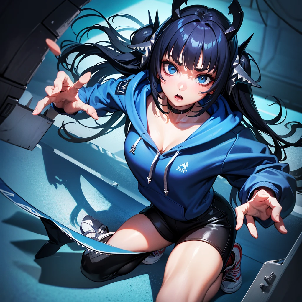 a stunningly detailed 3d masterpiece of gawr gura,  wearing a blue hoodie with a shark print, hood up, with a shark hair ornament, perfect hands, detailed face and eyes, and cool sneakers, (best quality,4k,8k,highres,masterpiece:1.2),ultra-detailed,(realistic,photorealistic,photo-realistic:1.37),extremely detailed and intricate, cinematic lighting, highly vibrant colors, dynamic composition, gawr gura, 1girl, beautiful detailed eyes, beautiful detailed lips, extremely detailed eyes and face, long eyelashes, detailed shark tail, blue hoodie, shark print, hood up, shark hair ornament, wears cool sneakers, full body, perfect hands, 