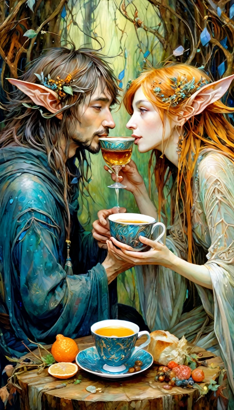 loving couple look at each other and toast with two luxurious cups, luxurious cups(art inspired by Brian Froud and Carne Griffiths and Wadim Kashin, intricate details, oil painting)