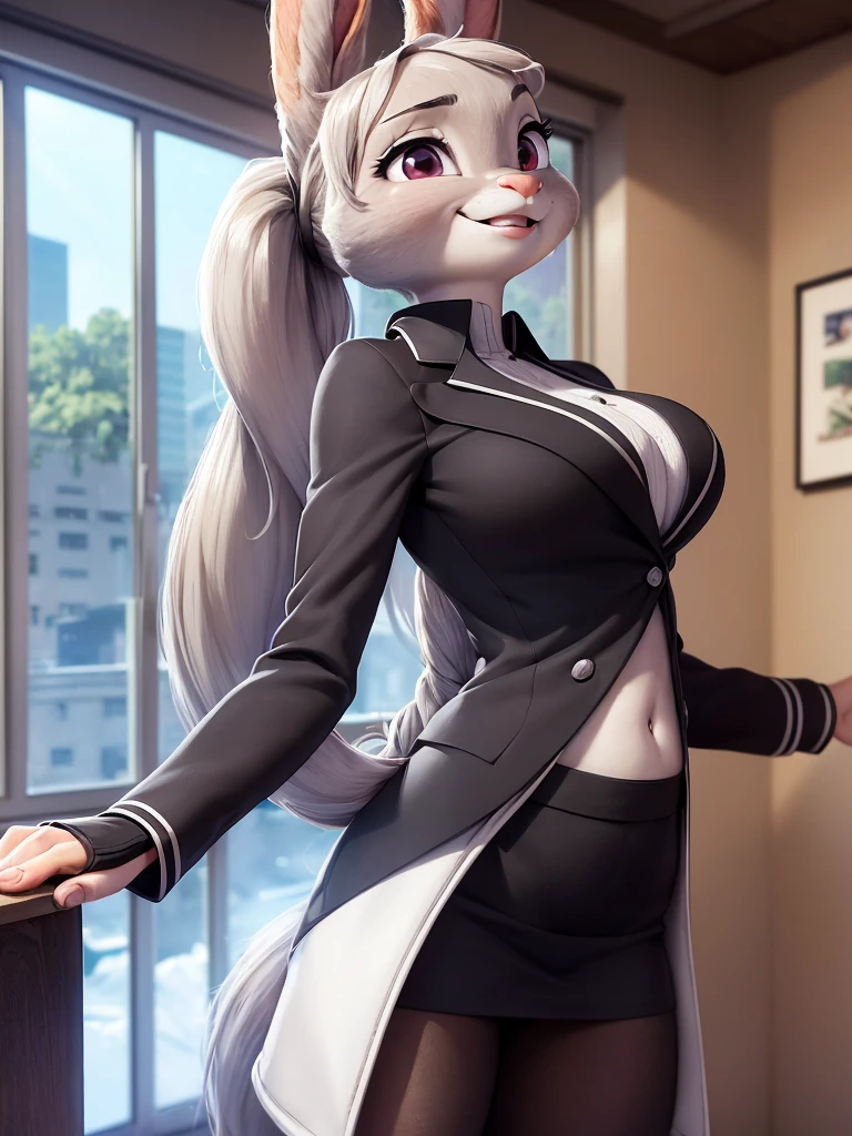 best quality,
masterpiece,
3D anime,
(((solo))),
(((1girl))),
((Face is JudyHopps)),
(long ears like a rabbit:0.8),
Heir is in a black ponytail style,
Body is human lady,
She is a new employee,
Hers outfit is business suit,
She is wearing a black jacket over a white blouse,
(She is wearing a black skirt:1.1),
(the suit is made of wool:1.4),
((skin is silver with fluffy and fluffy)),
(portrait view),
In the background there is A building area full of greenery,
((Her expression shows a fresh fresh smile)),
((Her cheeks are red)),
She is standing straight with her back upright,
She is lightly clasping her hands in front of her stomach