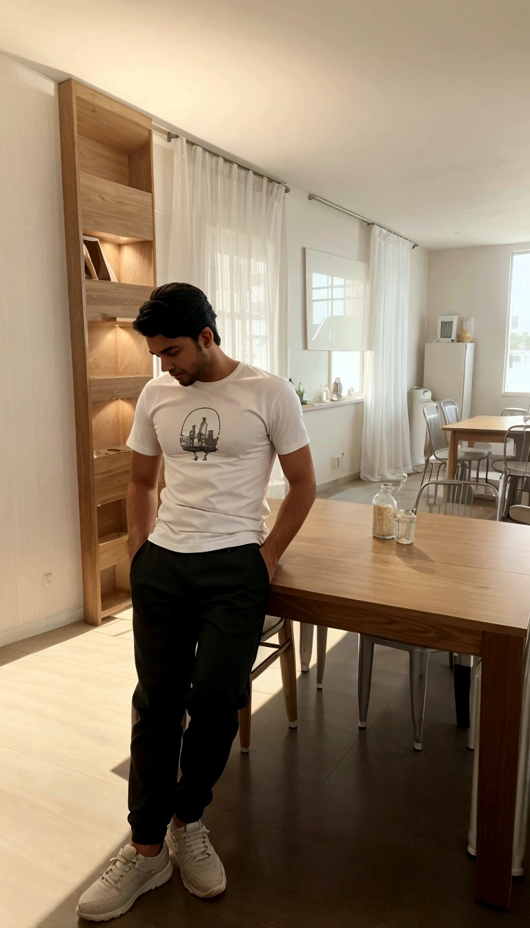 there is a man standing in a room with a table and chairs, standing in a restaurant, morning time, with a cool pose, sitting on a table, with backdrop of natural light, wearing pants and a t-shirt, in tshirt, mohamed chahin style, photo taken in 2 0 2 0, candid picture, dressed in a white t shirt change background and make this professional