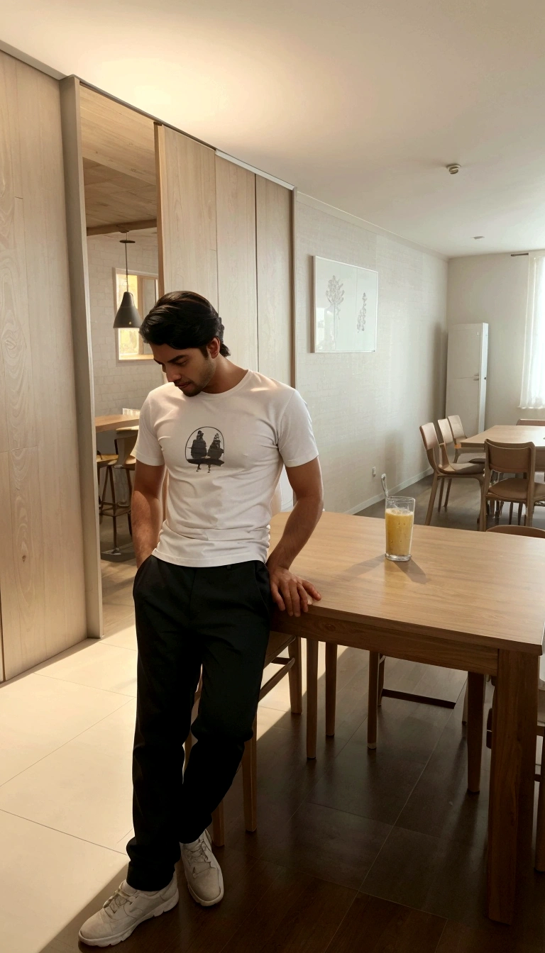 there is a man standing in a room with a table and chairs, standing in a restaurant, morning time, with a cool pose, sitting on a table, with backdrop of natural light, wearing pants and a t-shirt, in tshirt, mohamed chahin style, photo taken in 2 0 2 0, candid picture, dressed in a white t shirt change background and make this professional 
