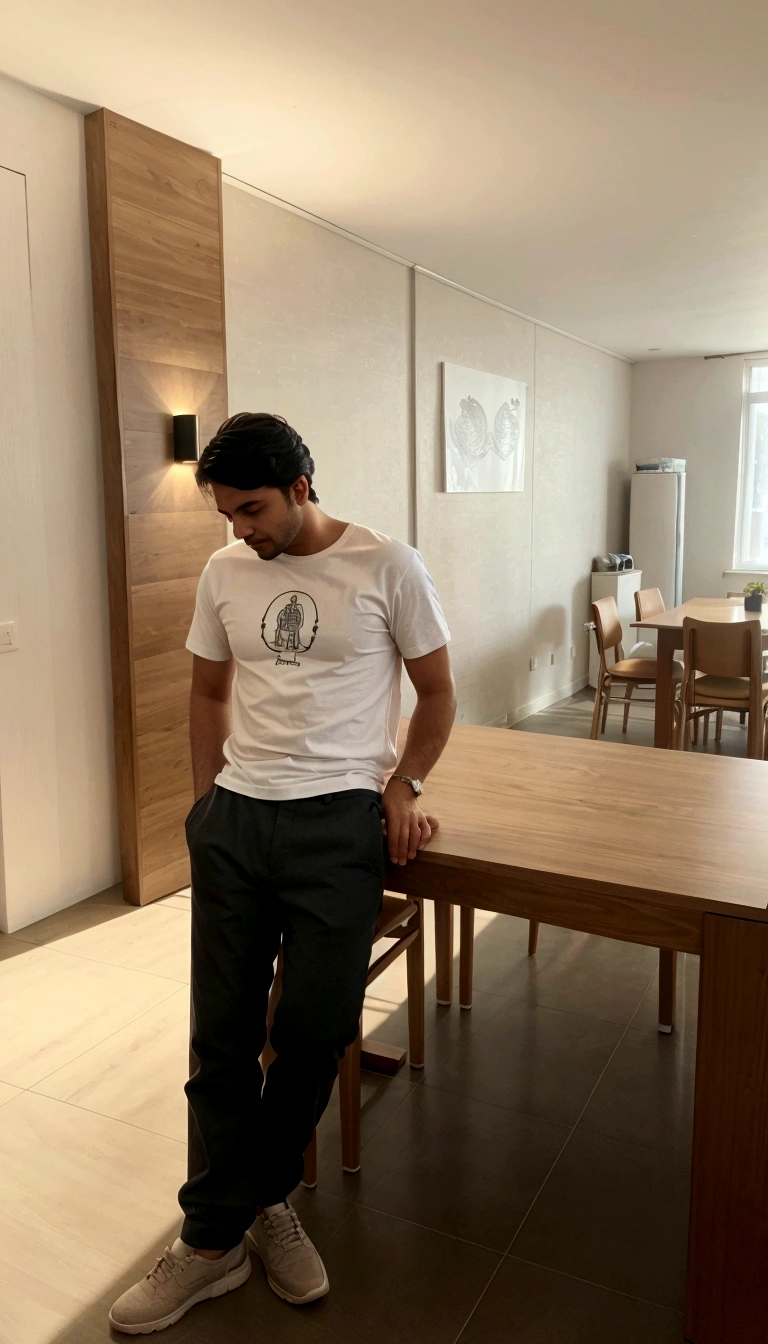 there is a man standing in a room with a table and chairs, standing in a restaurant, morning time, with a cool pose, sitting on a table, with backdrop of natural light, wearing pants and a t-shirt, in tshirt, mohamed chahin style, photo taken in 2 0 2 0, candid picture, dressed in a white t shirt change background and make this professional 