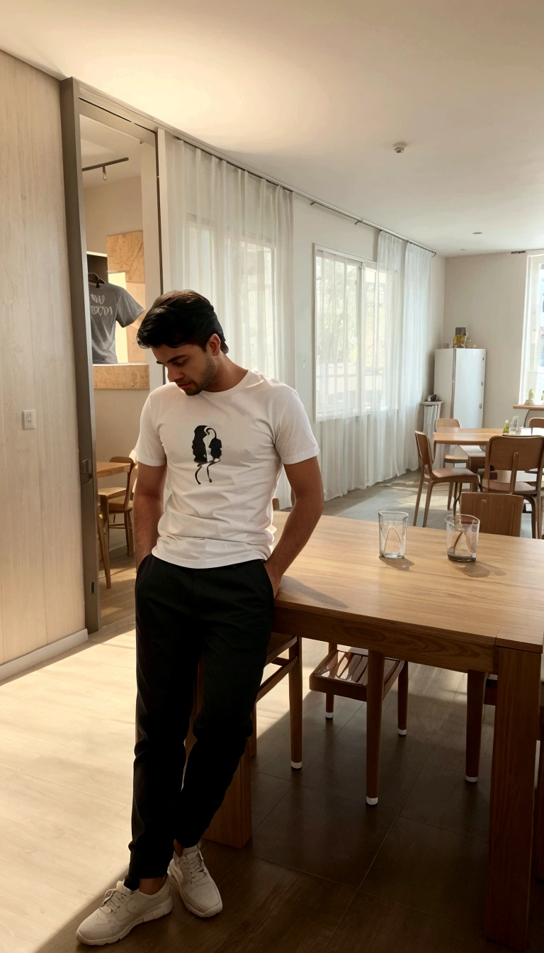 there is a man standing in a room with a table and chairs, standing in a restaurant, morning time, with a cool pose, sitting on a table, with backdrop of natural light, wearing pants and a t-shirt, in tshirt, mohamed chahin style, photo taken in 2 0 2 0, candid picture, dressed in a white t shirt change background and make this professional 