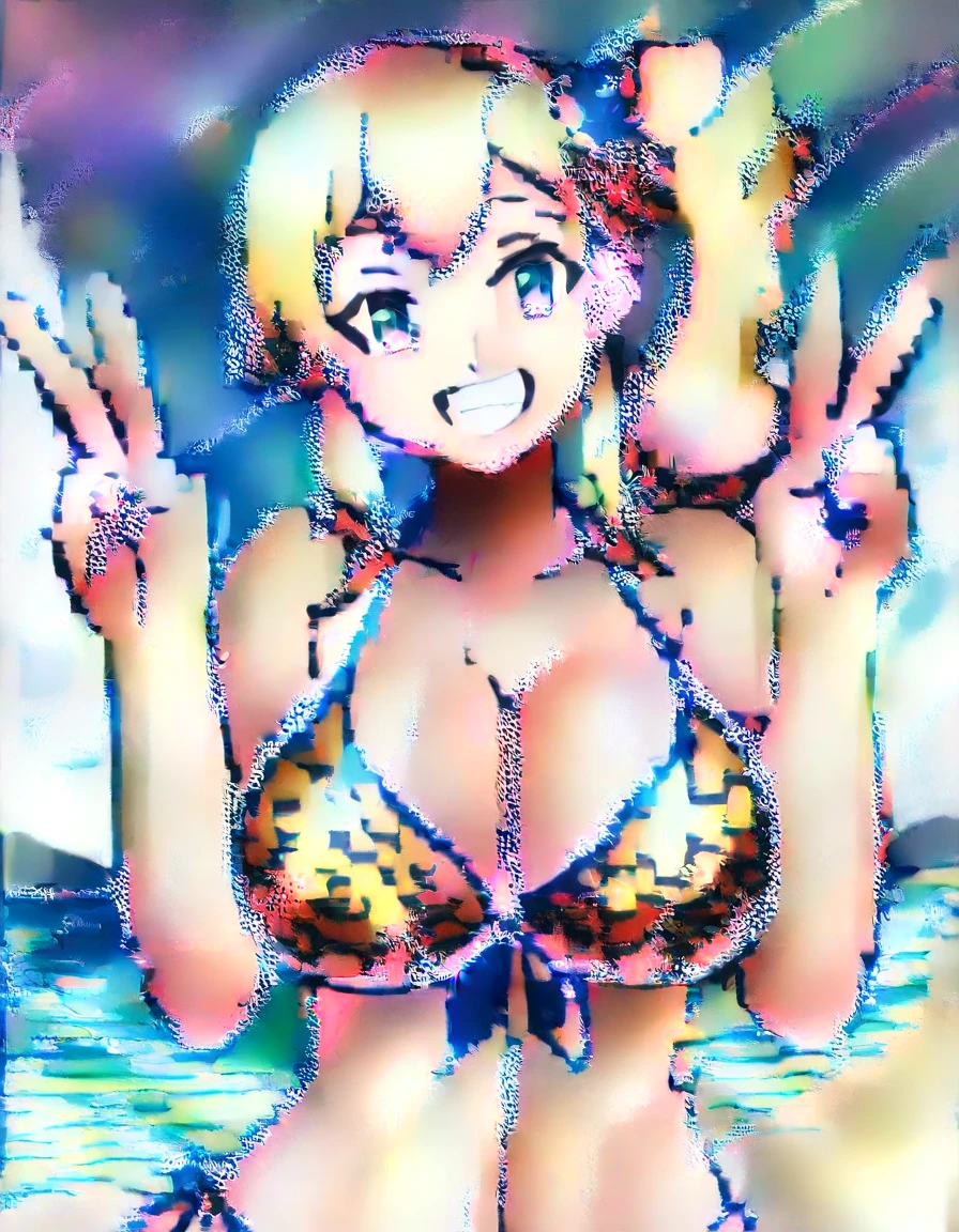 (vaginal sex:1.7), score_9,score_8_up,score_7_up,masterpiece,best quality,absurdres,unity 8k wallpaper,official art,official style,source_anime,uncensored,anime screencap,anime coloring,megami magazine,(ai-generated:0.6),1girl,american,gyaru,18yo,red hair,shiny skin,large breasts,curvy,side ponytail,portrait,upper body,bikini,leopard print,smile,double v,looking at viewer,beach,summer