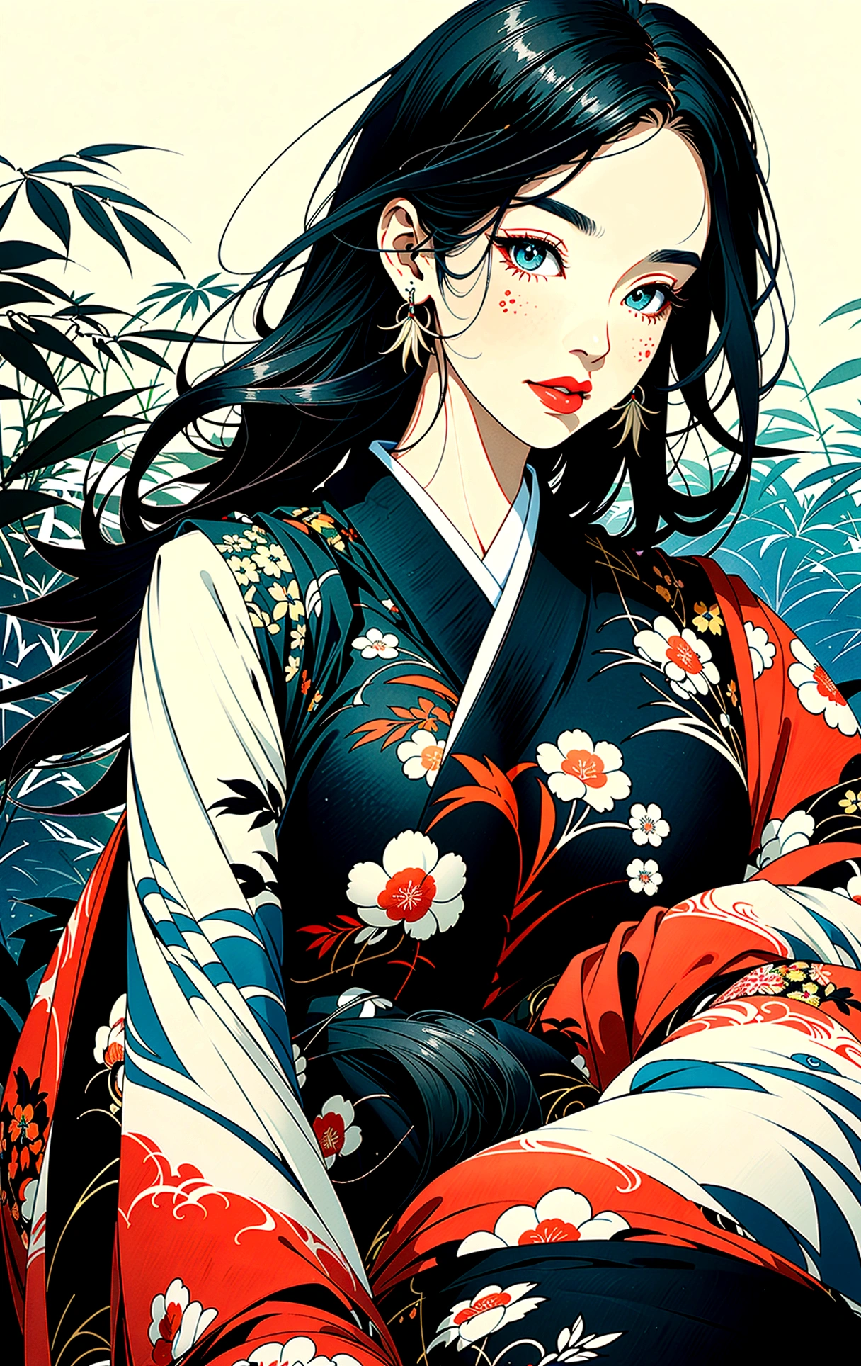 whole body in the picture, Full body illustration, Full body image,((8k wallpaper of a highly detailed CG unit, masterpiece, high resolution, top quality, top qualityのリアルテクスチャスキン)), ((A very beautiful woman, seductive facial expressions, plump lips, The upper part of the body, Japanese pattern Haori, Micro mini short hairstyle with Japanese pattern in black, white-skinned, small), ((Colorful background with geometric patterns, Japanese pattern background, Cool, White background)), Sumi-e, hyper realisitic, digital painting, conceptual art,
