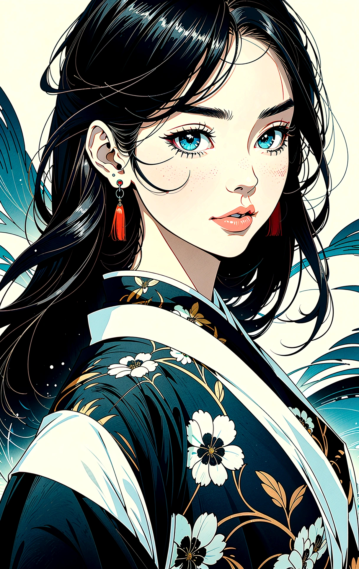 whole body in the picture, Full body illustration, Full body image,((8k wallpaper of a highly detailed CG unit, masterpiece, high resolution, top quality, top qualityのリアルテクスチャスキン)), ((A very beautiful woman, seductive facial expressions, plump lips, The upper part of the body, Japanese pattern Haori, Micro mini short hairstyle with Japanese pattern in black, white-skinned, small), ((Colorful background with geometric patterns, Japanese pattern background, Cool, White background)), Sumi-e, hyper realisitic, digital painting, conceptual art,
