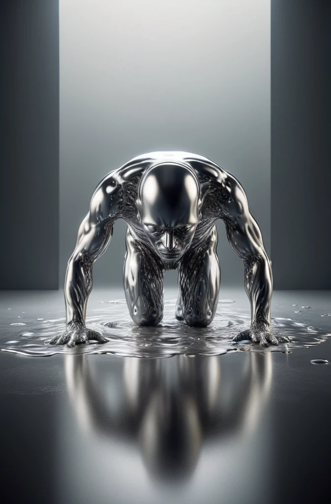 [human doing pushups : blob vaguely shaped like a human : 20] rising from a puddle of liquid mercury, extremely shiny, smooth surface texture, polished surface, reflective, 45 degrees angle from the front, tesselation ral-chrome, Photorealistic, Hyperrealistic, Hyperdetailed, analog style, detailed skin, matte skin, soft lighting, subsurface scattering, realistic, heavy shadow, masterpiece, best quality, ultra realistic, 8k, golden ratio, Intricate, High Detail, film photography, soft focus