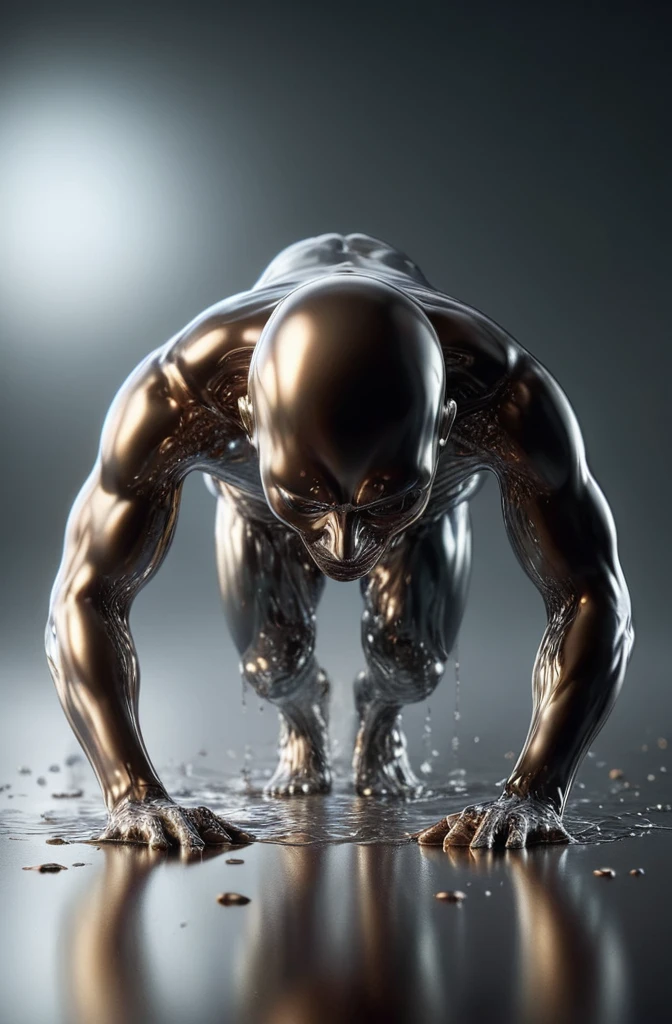 [human doing pushups : blob vaguely shaped like a human : 20] rising from a puddle of liquid mercury, extremely shiny, smooth surface texture, polished surface, reflective, 45 degrees angle from the front, tesselation ral-chrome, Photorealistic, Hyperrealistic, Hyperdetailed, analog style, detailed skin, matte skin, soft lighting, subsurface scattering, realistic, heavy shadow, masterpiece, best quality, ultra realistic, 8k, golden ratio, Intricate, High Detail, film photography, soft focus