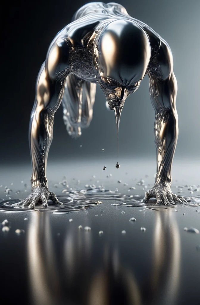 [human doing pushups : blob vaguely shaped like a human : 20] rising from a puddle of liquid mercury, extremely shiny, smooth surface texture, polished surface, reflective, 45 degrees angle from the front, tesselation ral-chrome, Photorealistic, Hyperrealistic, Hyperdetailed, analog style, detailed skin, matte skin, soft lighting, subsurface scattering, realistic, heavy shadow, masterpiece, best quality, ultra realistic, 8k, golden ratio, Intricate, High Detail, film photography, soft focus