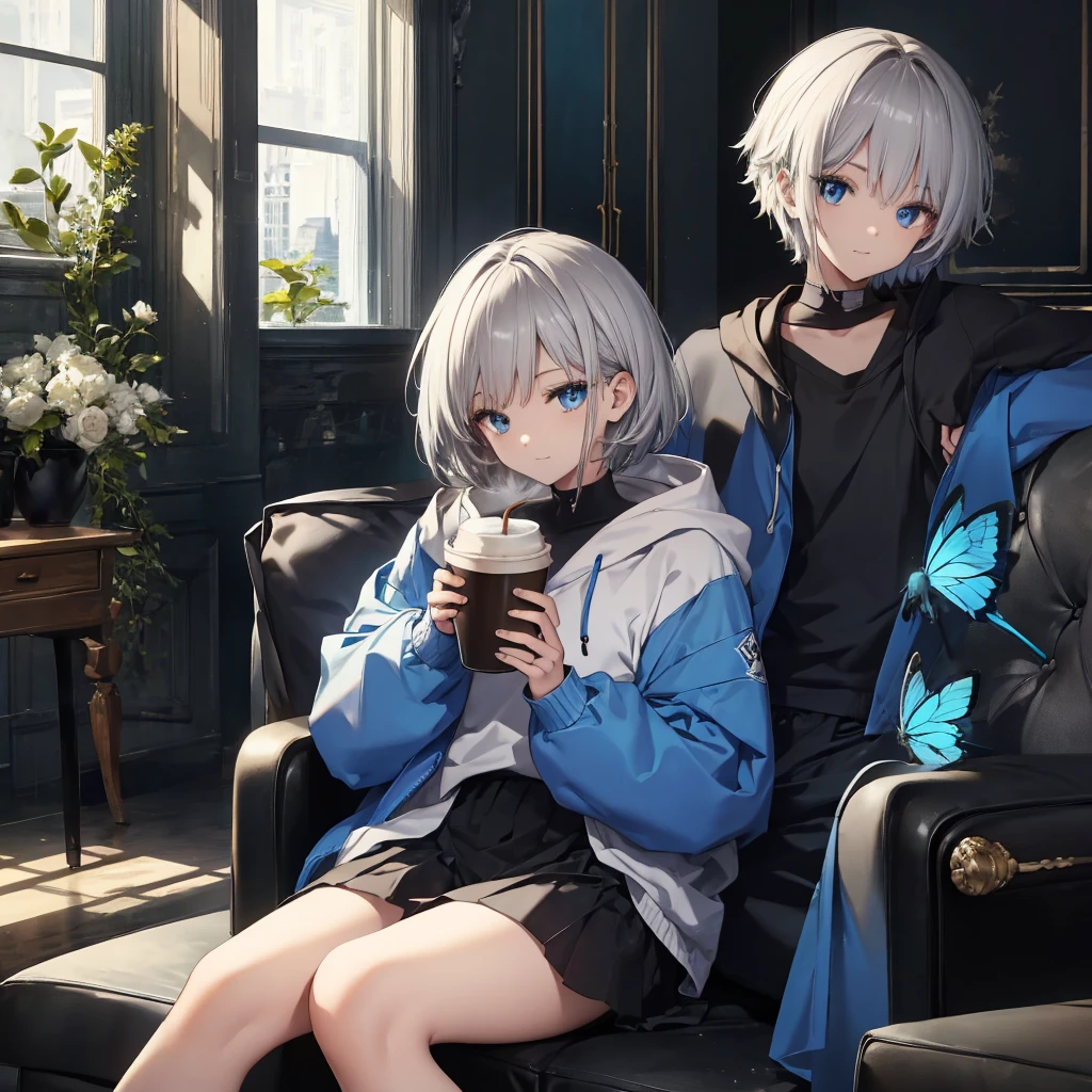 (((1 person Gray Hair Sit on the sofa Crossing your legs blue eyes))) ((High resolution short hair hoodie Black Skirt Rin々Funny face)) ((Close-up)) ((Blue butterfly Asahi Shining Aura Catch the wind Holding a cup Drink coffee)) (smile Bathed in light) Shining Background Shining Edge