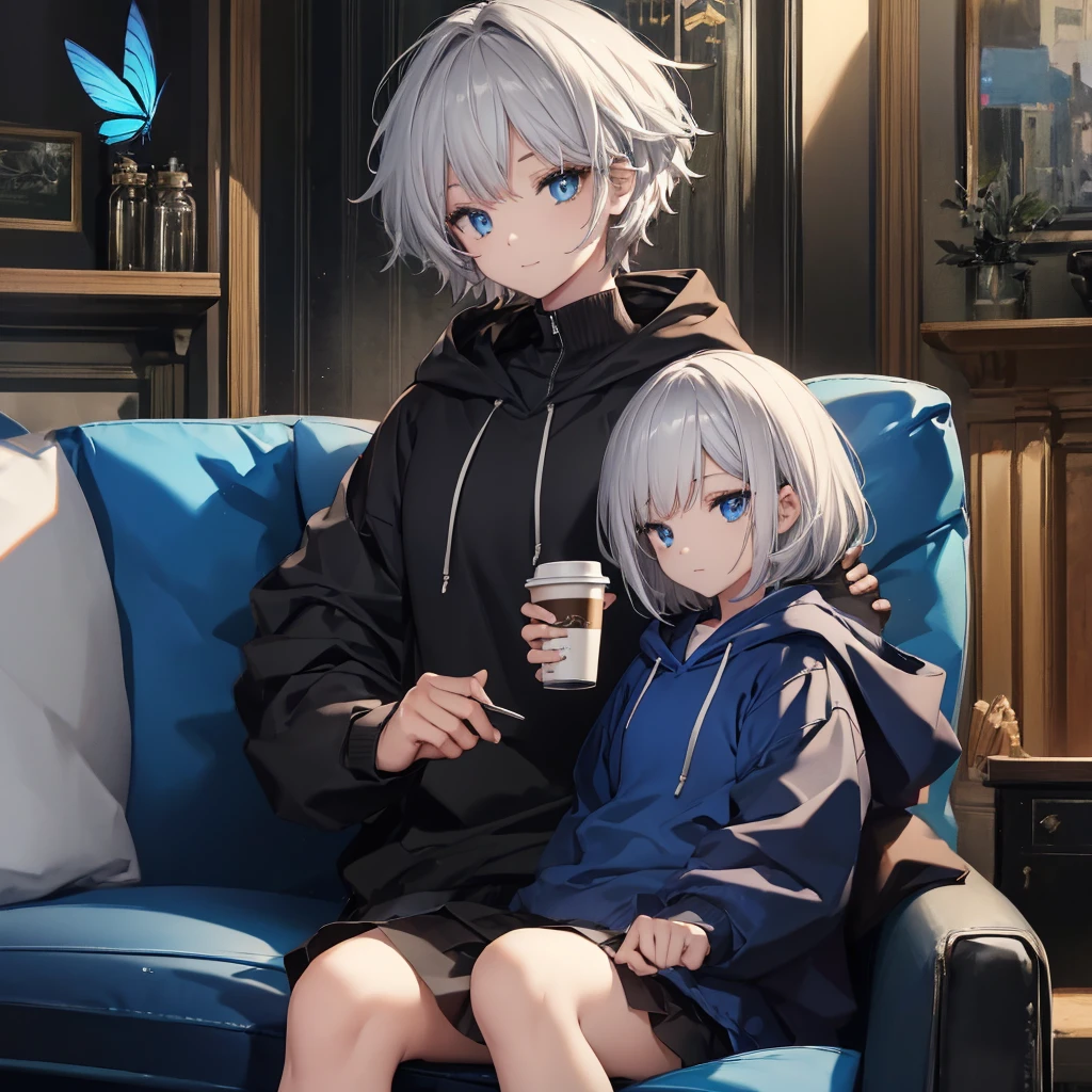 (((1 person Gray Hair Sit on the sofa Crossing your legs blue eyes))) ((High resolution short hair hoodie Black Skirt Rin々Funny face)) ((Close-up)) ((Blue butterfly Asahi Shining Aura Catch the wind Holding a cup Drink coffee)) (smile Bathed in light) Shining Background Shining Edge